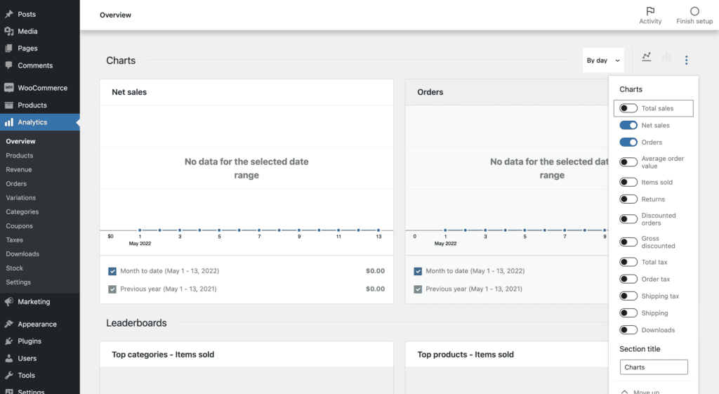 WooCommerce Analytics overview opties