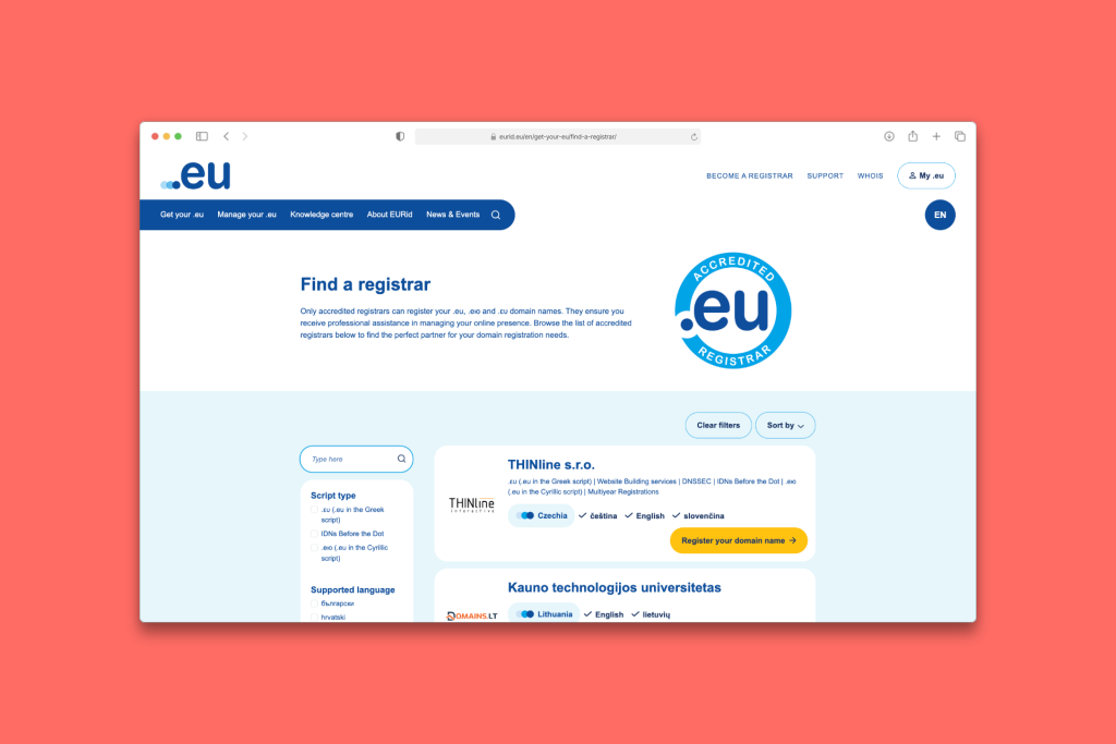 Screenshot van de find a registrar pagina op  eurid.eu 