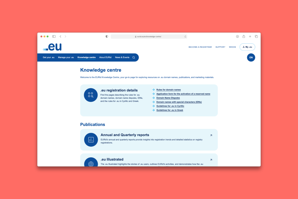 Screenshot van het knowledge centre op eurid.eu 