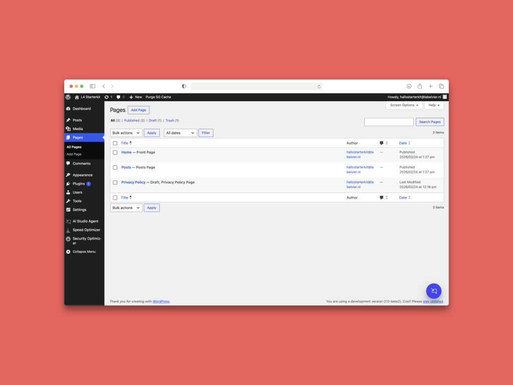 Wordpress dashboard